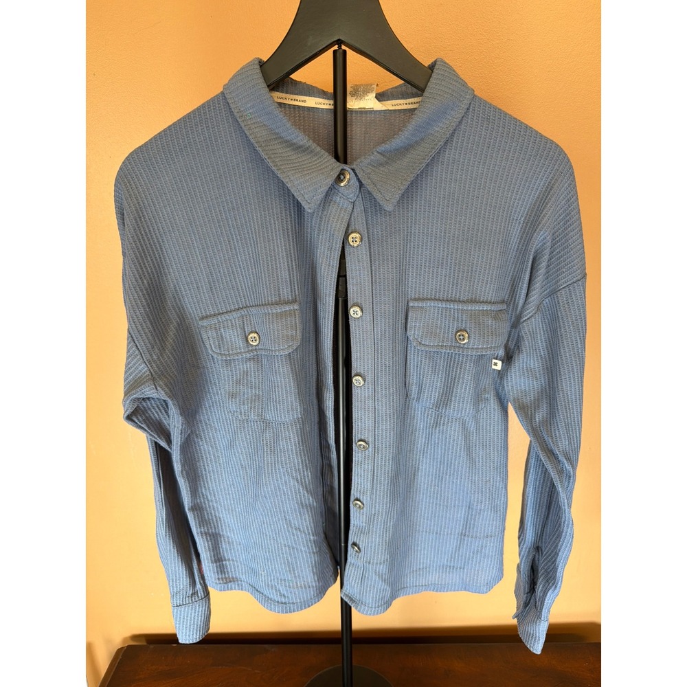 Lucky Brand Blue Waffle Knit Thermal Button Down Shirt Long Sleeve Mens Medium